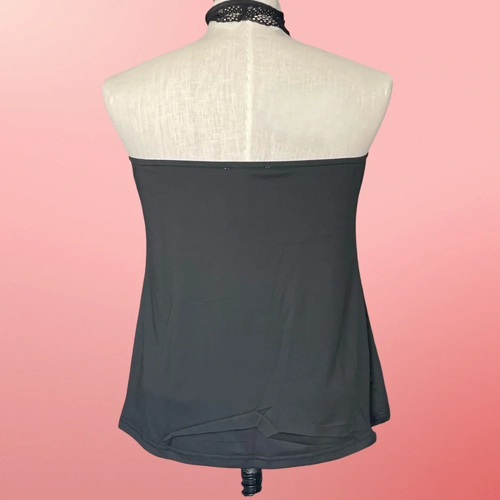 WBQ Black Stretchy Lace Halter Rhinestone Cross Gothic Sleeveless Top SzXXL - Picture 5 of 12